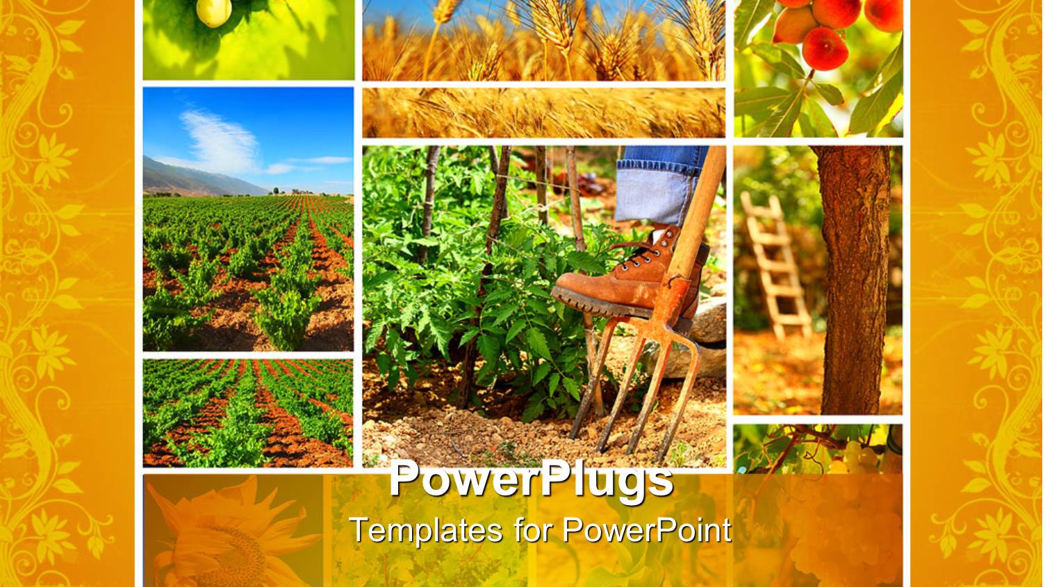 Yellow Farming Collage with Different Plants and Farmer;s Boot on Fork