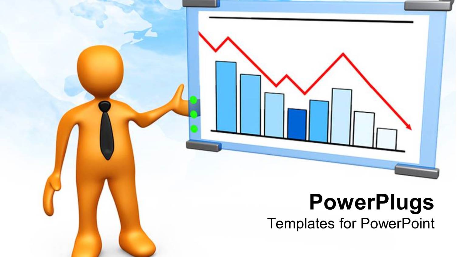 Yellow Figure in Black Neck Tie Gesturing to Display with Bar Chart and Red Line