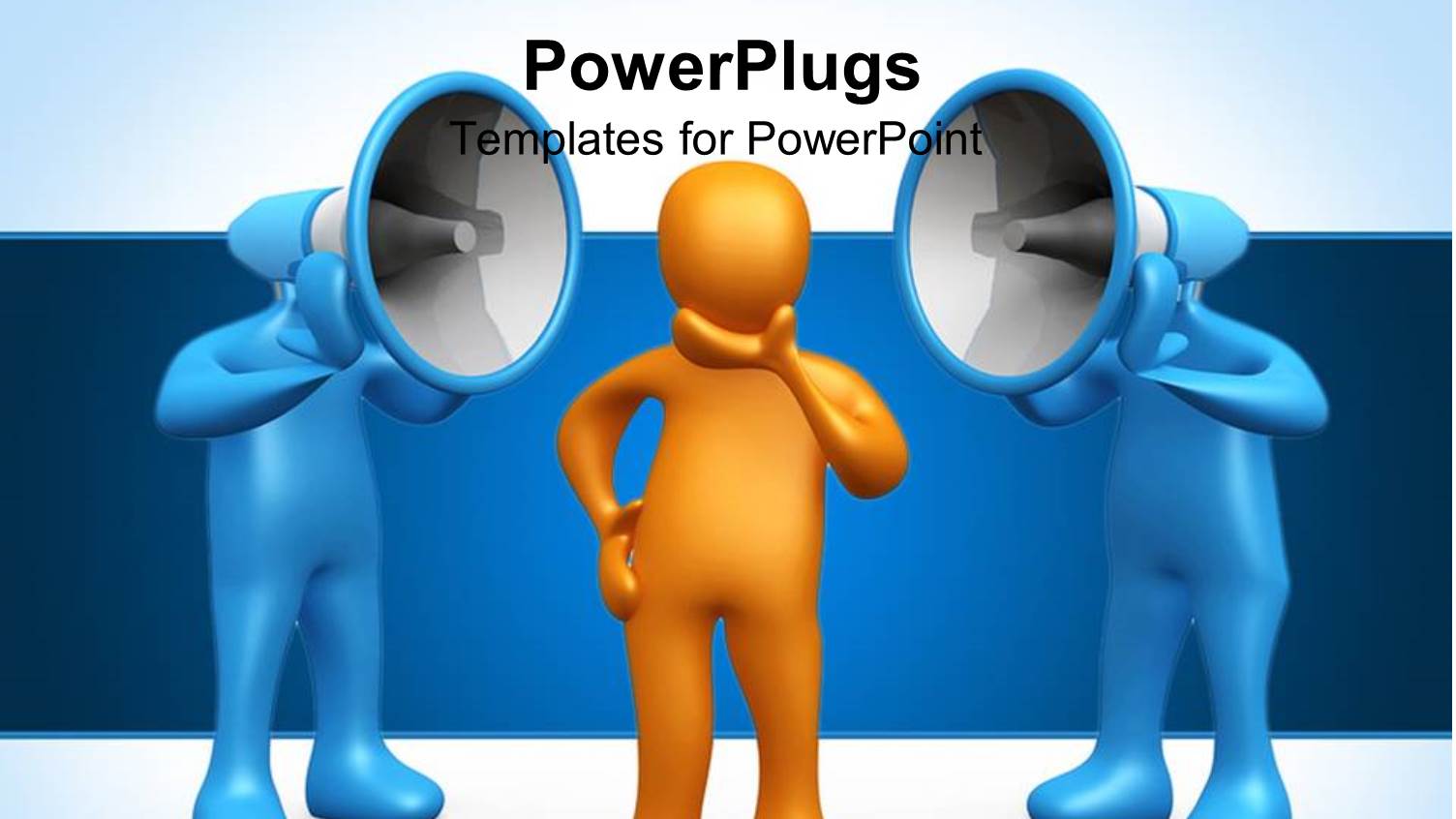 Yellow Figure Contemplating Two Blue Figures with Loudspeakers