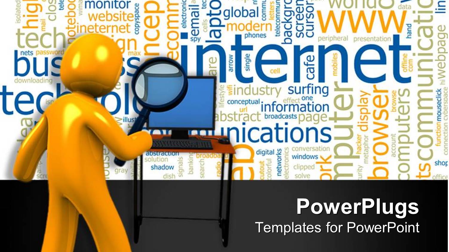 Yellow Figure Holding Magnifying Lens Looking at Computer Desktop