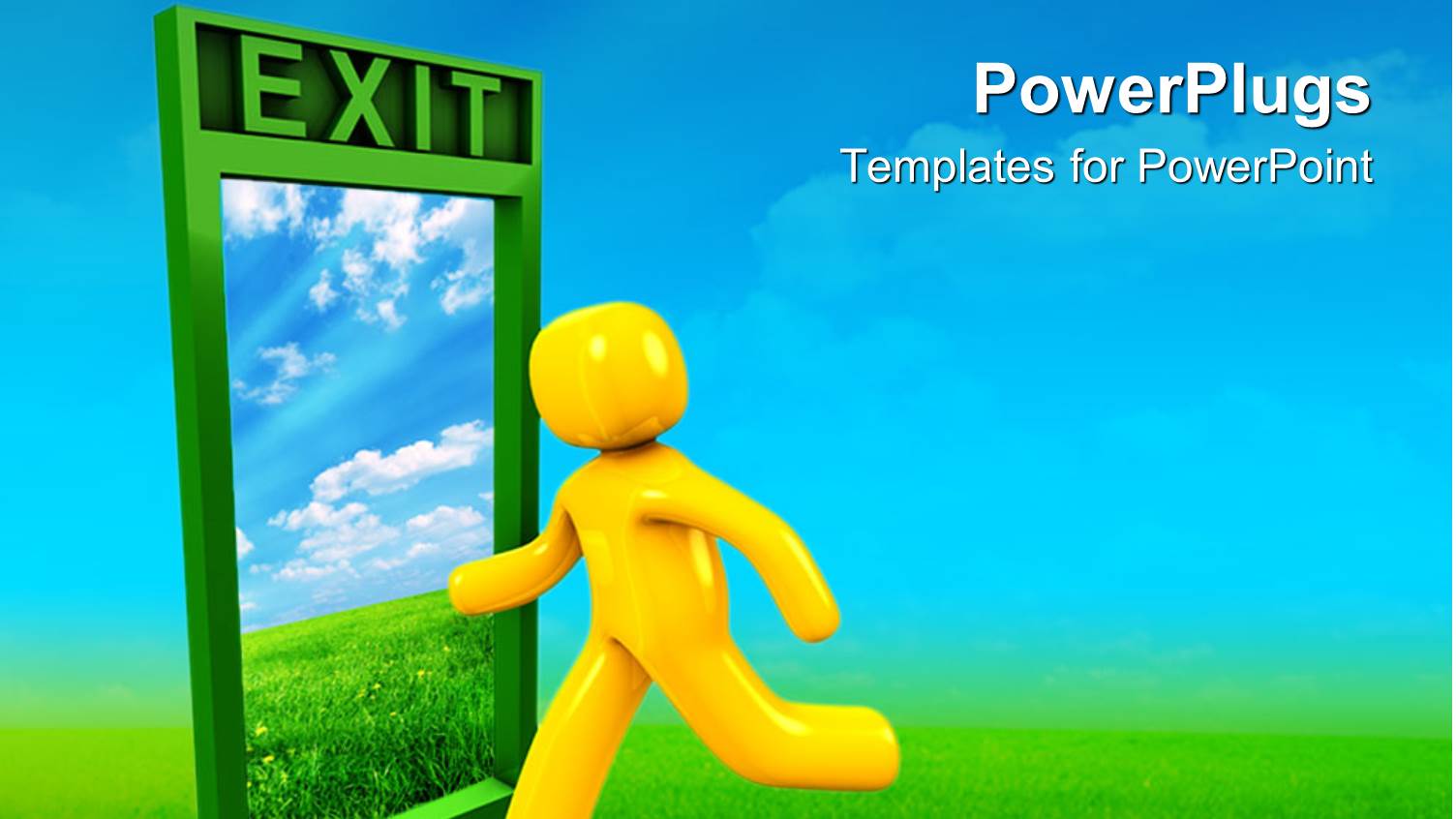 Yellow Figure Runs across Green Grass Toward Exit Door Showing Blue Sky and White Clouds