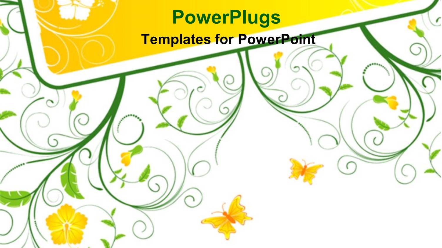 Yellow Flowers and Butterflies with Decorative Green Stems and Leaves on White Background