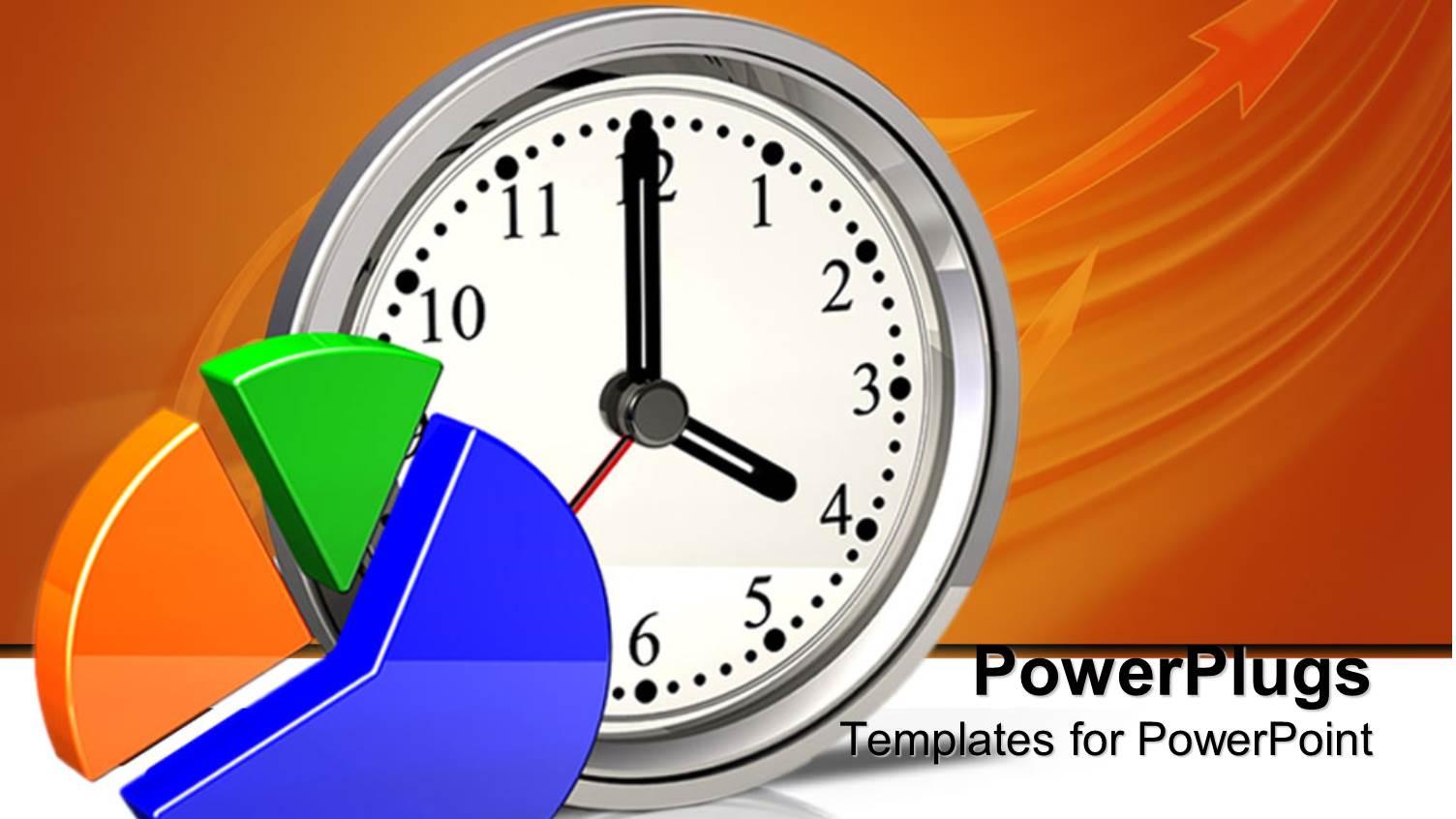 Yellow, Green and Blue Pie Chart, Silver Metallic Clock Showing Four O'Clock on Reflective White Surface and Orange