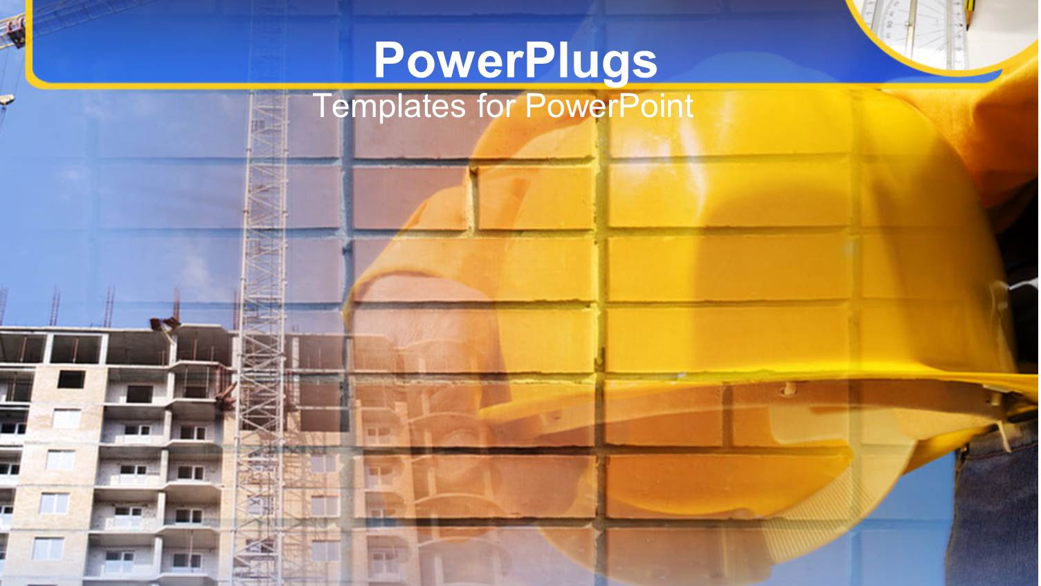 Yellow Hard Hat in Front of large Building with Hand Drawing with Ruler in Corner