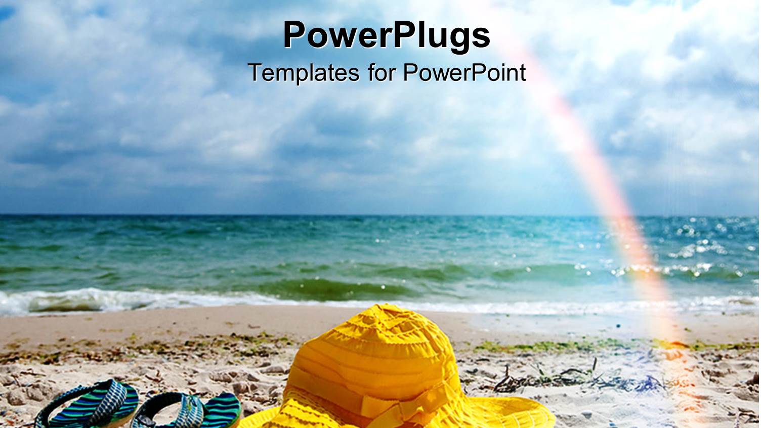 Yellow Hat and Blue Striped Flip Flops on the Beach with Sea Water and Rainbow