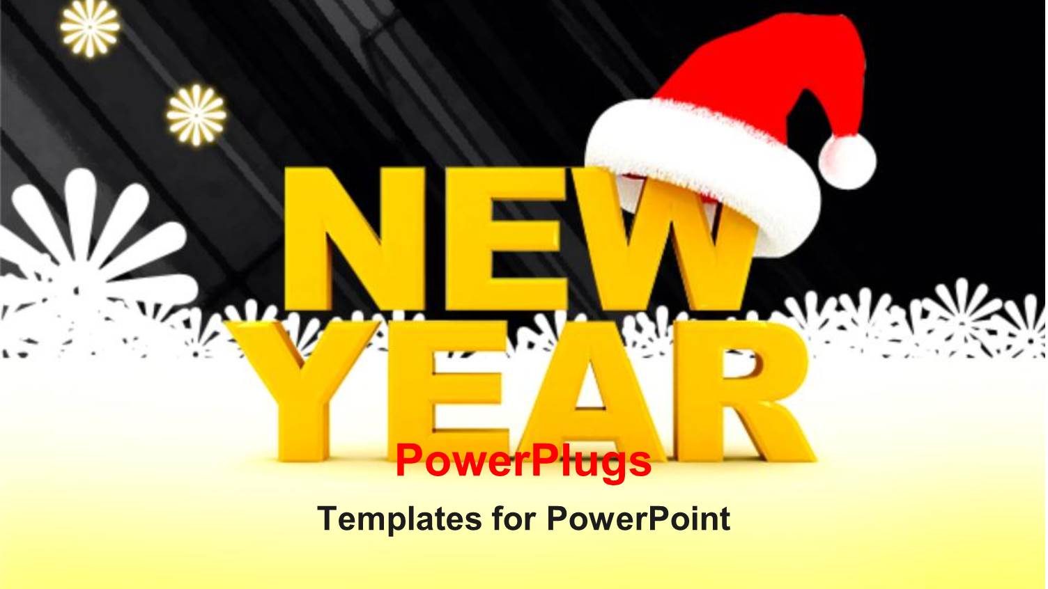 Yellow New Year Text with Santa Cap and Snow Flakes in Background 