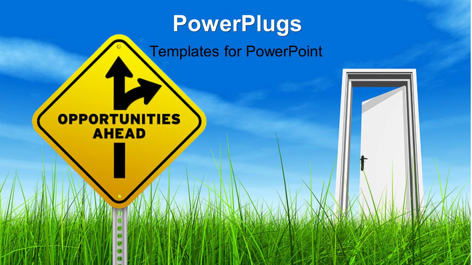 a Yellow Opportunities Ahead Road Sign and Open Door on Cloud Background