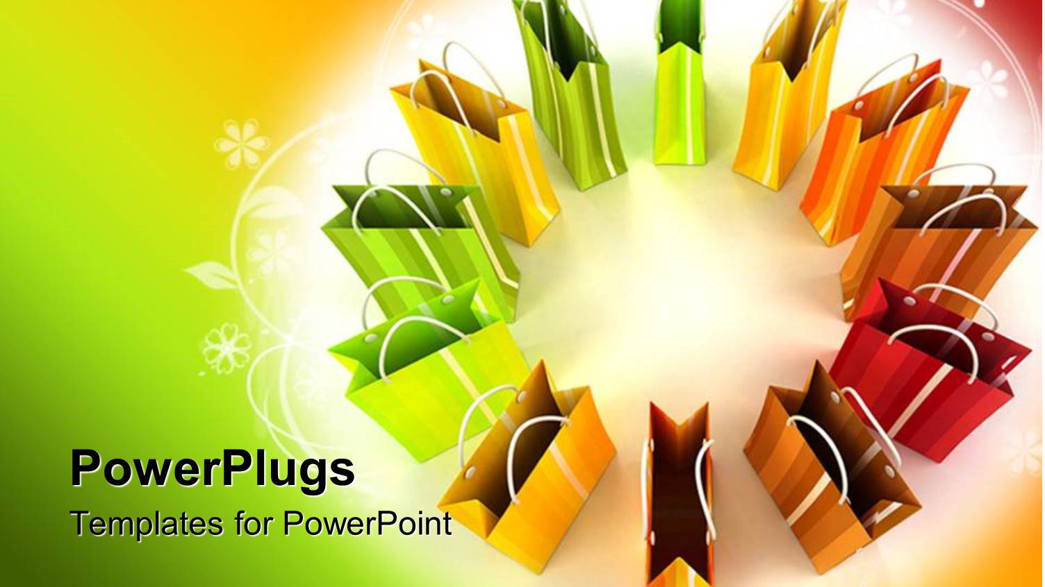 Yellow, Orange, Red and Green Shopping Bags Displayed in Circular Shape, Surrounded by White Floral Design on Rainbow