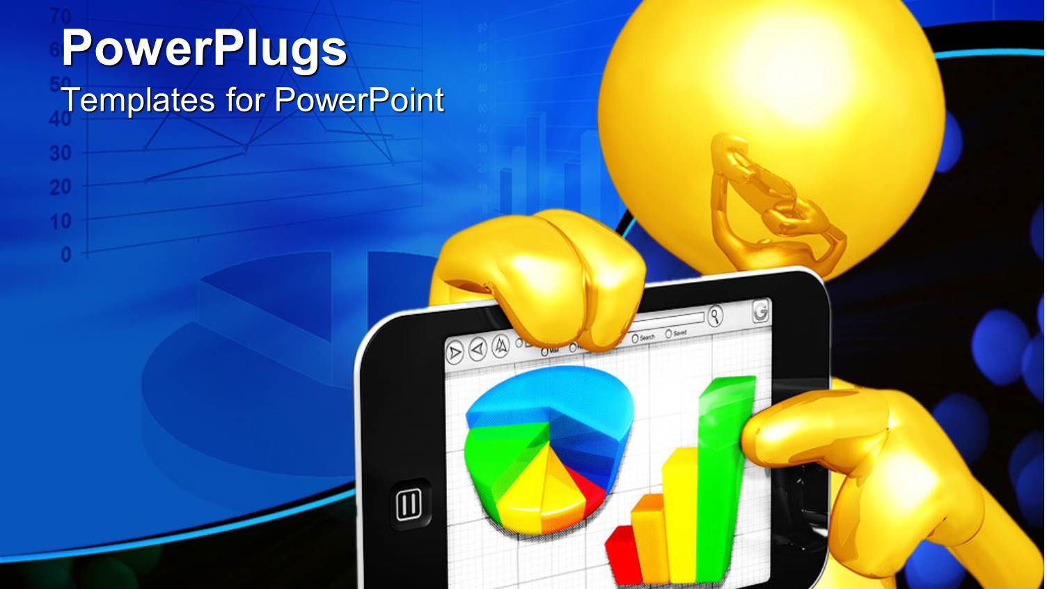 Yellow Person Pointing to Pie and Bar Graphs on Tablet Computer, Blue Graph Background