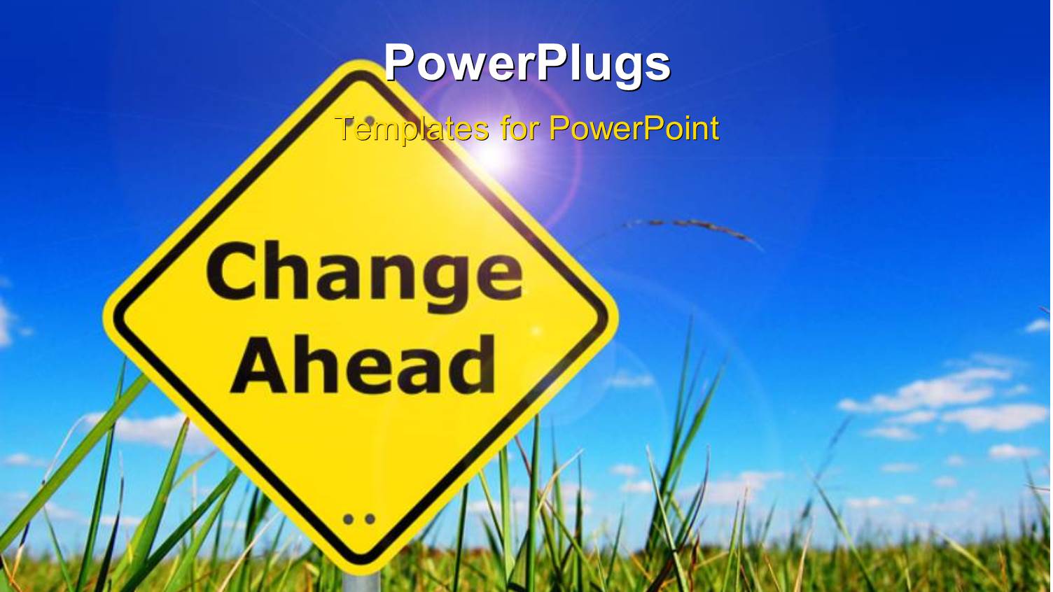 Yellow Road Sign Reads Change Ahead with Grassland and Cloudy Sky