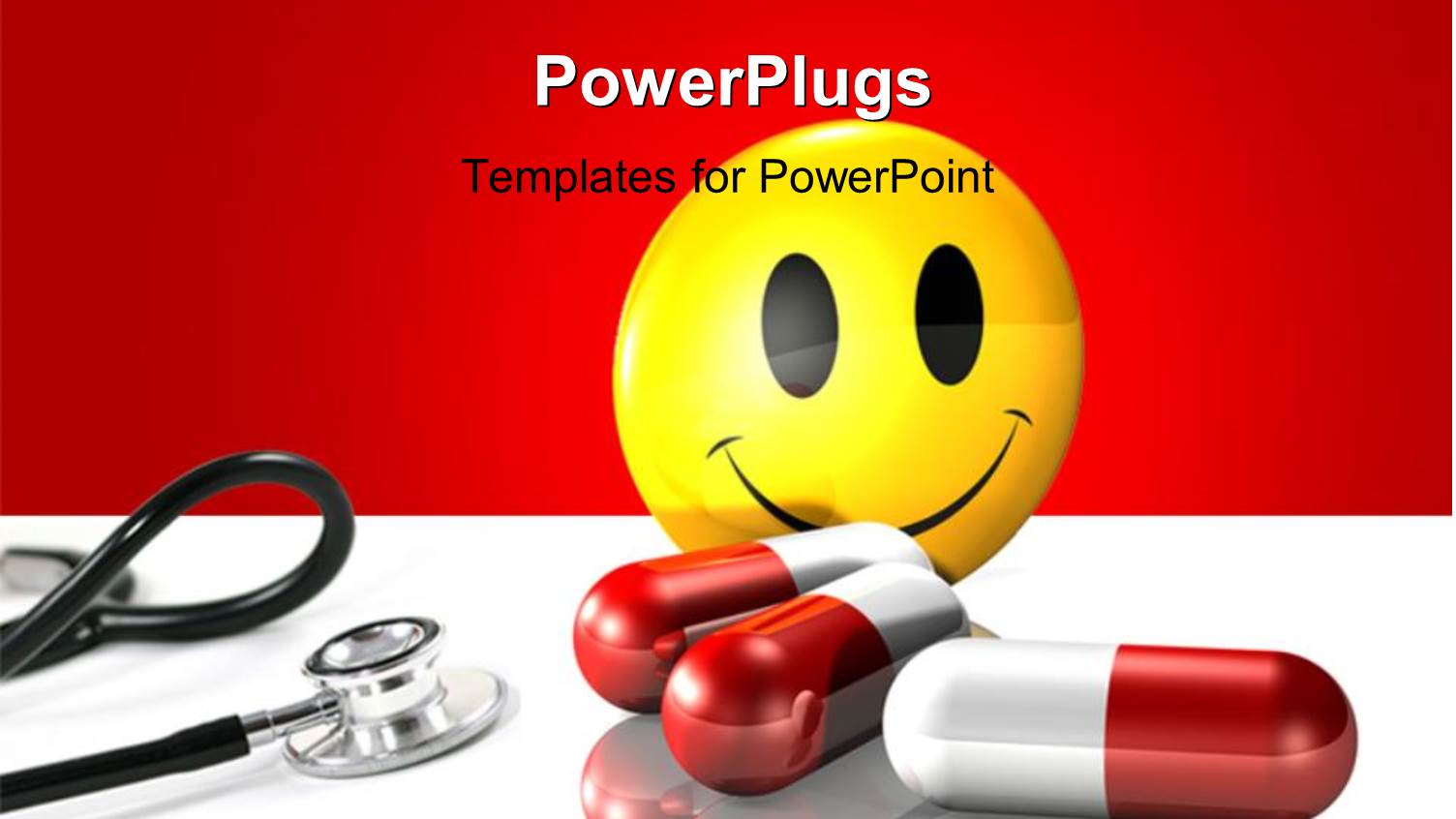 Yellow Smiley Face Standing Behind Three large Red and White Pills and Stethescope
