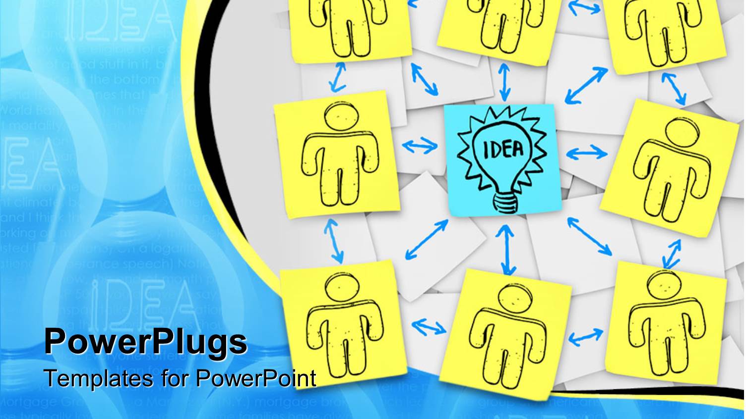 Yellow Sticky Notes with Figure Drawing Surround Blue Idea Light Bulb and Arrows Showing Brainstorming