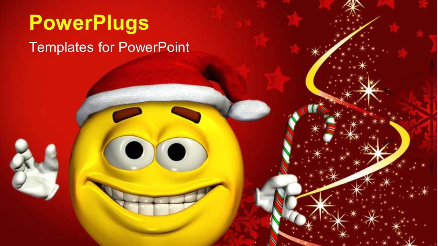 Yellow Tired Looking Smiley Face with Santa Hat and Candy Cane Next to Stars Arranged in Tree Shape