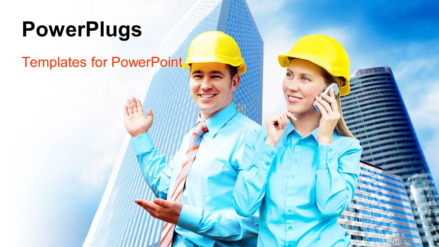 Two Construction Workers with Buildings in Background