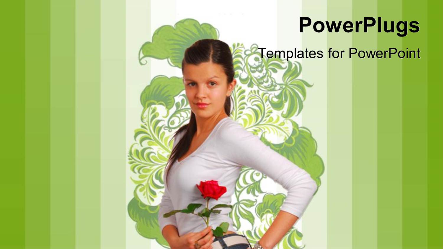 Young Beautiful Girl Posses with Rose Over Floral Background and Green Bars