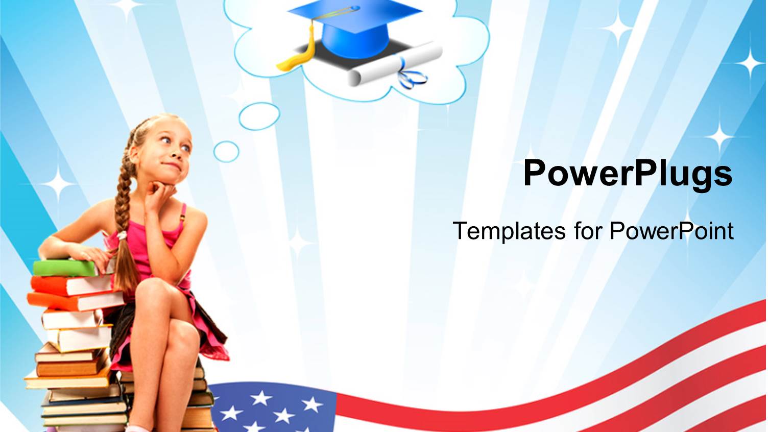 Young Beautiful Lady Sits Beside Book Pile on American Flag 
