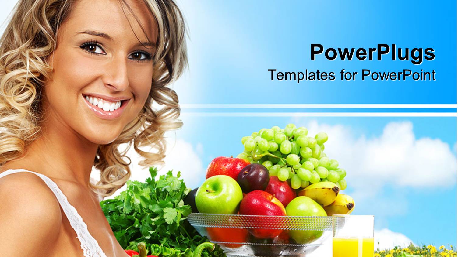 Young Blond Smiling Woman Standing Next to Bowl with Mix of Fresh Fruits and Glass of Juice, Vegetables and Fruits for