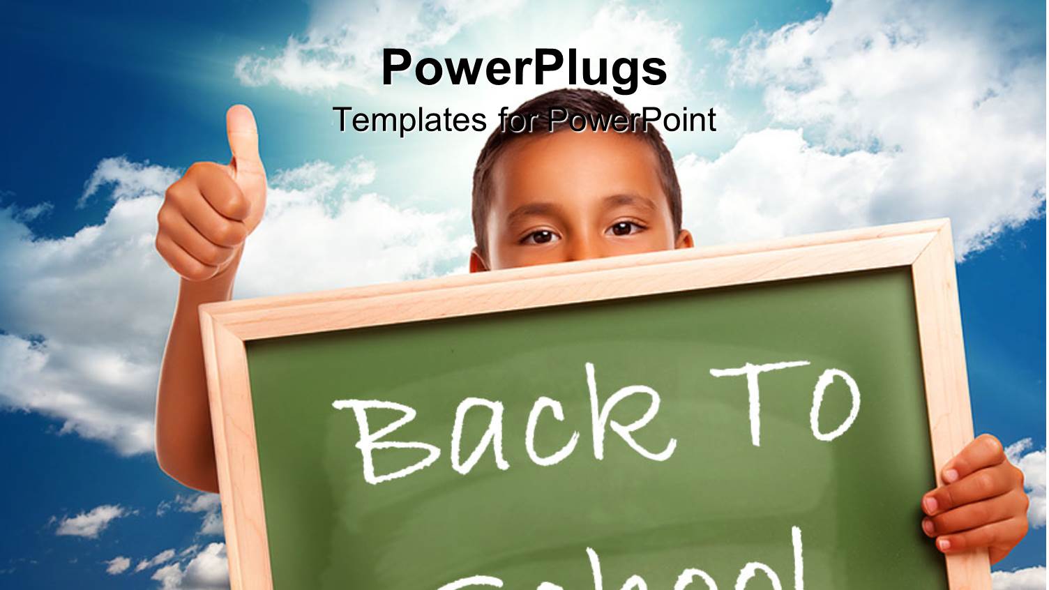 Young Boy Showing Thumbs Up Carrying Board with Text 'Back to School'