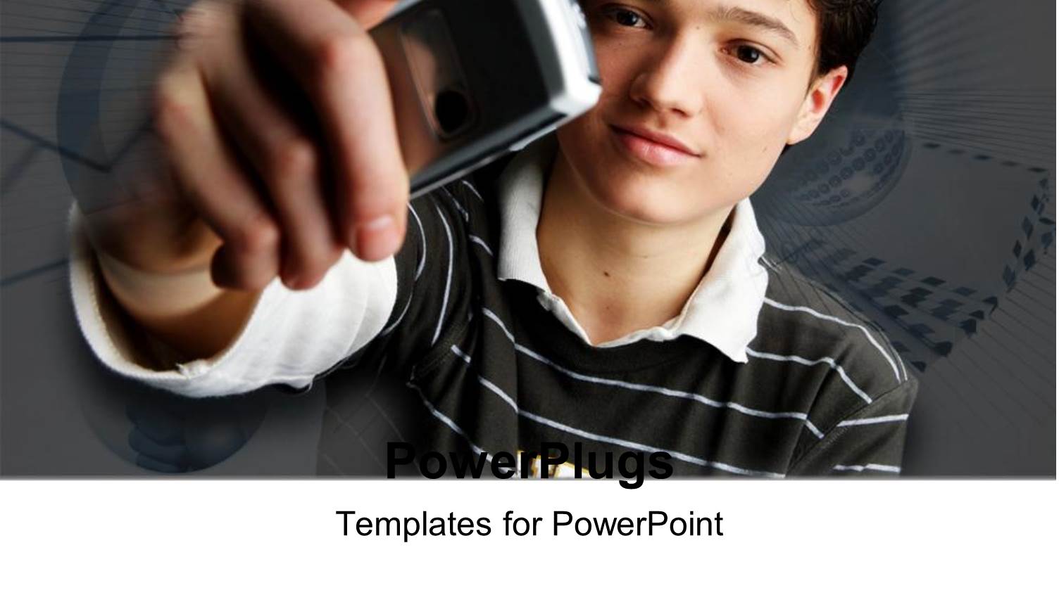 Young Boy Smiling and Holding Cell Phone in Hand with Envelopes on the Background
