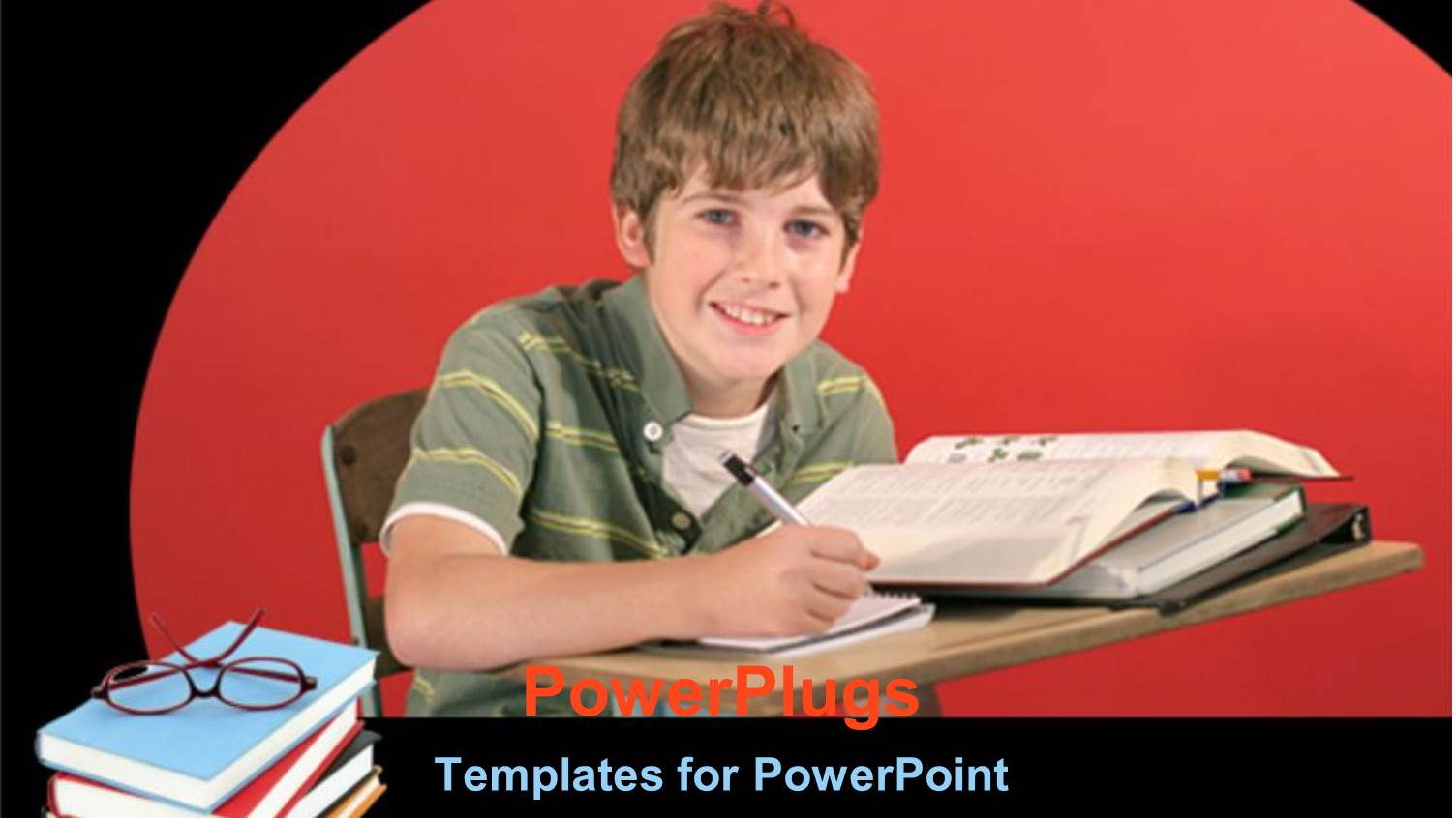 a Young Boy Smiling and Reading with a Stack of Books Beside him