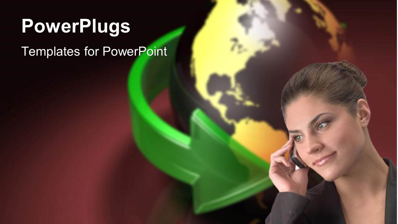 Young Business Woman Speaking on Cell Phone, Globe Surrounded by Green Arrow on Dark Background