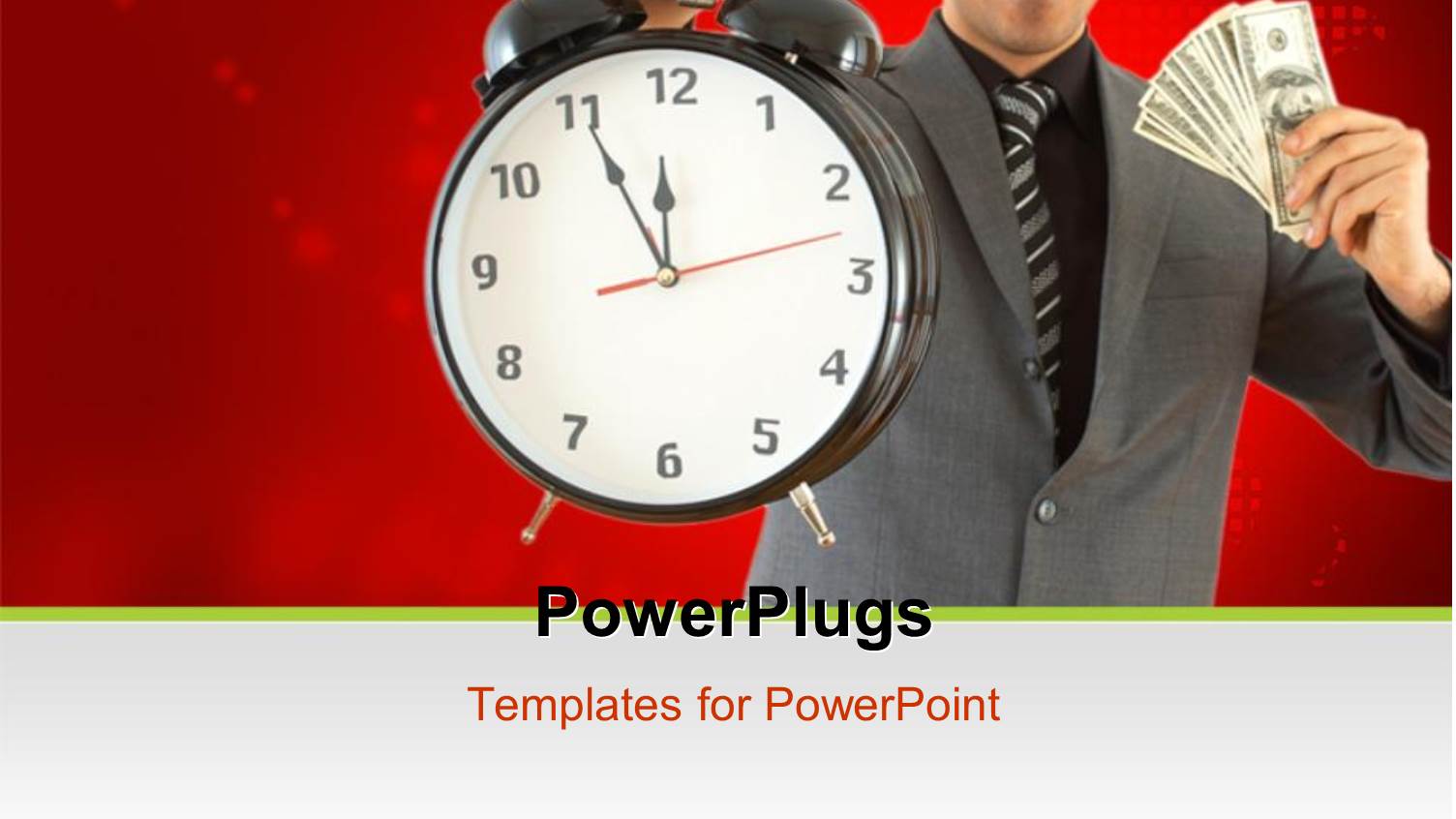 Young Businessman with Alarm Clock in One Hand and Dollar Bills