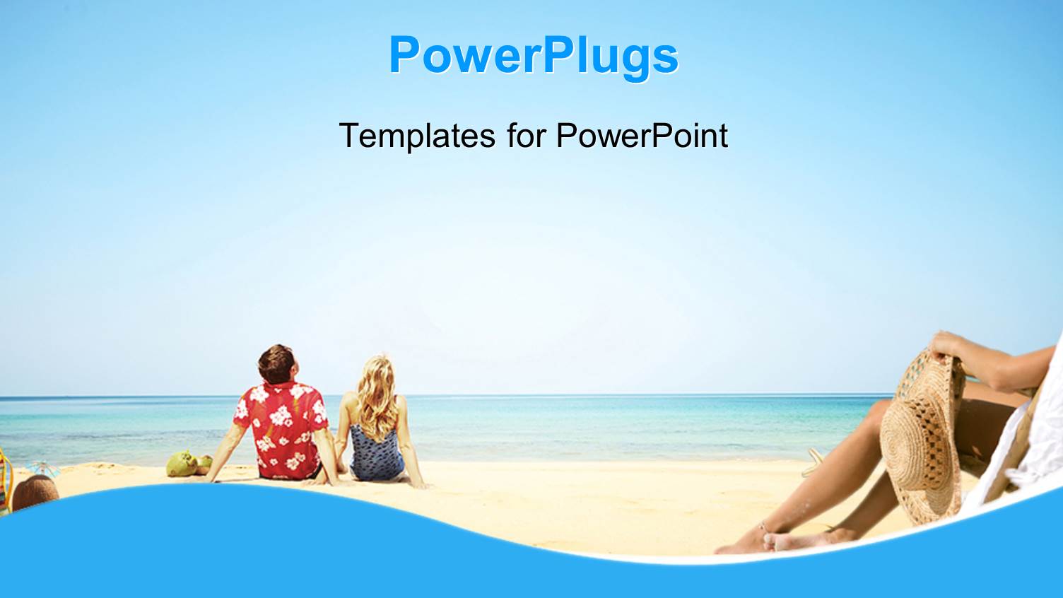 Summer Vacation with Couple Sitting on Beach Sand Beside Blue Sea