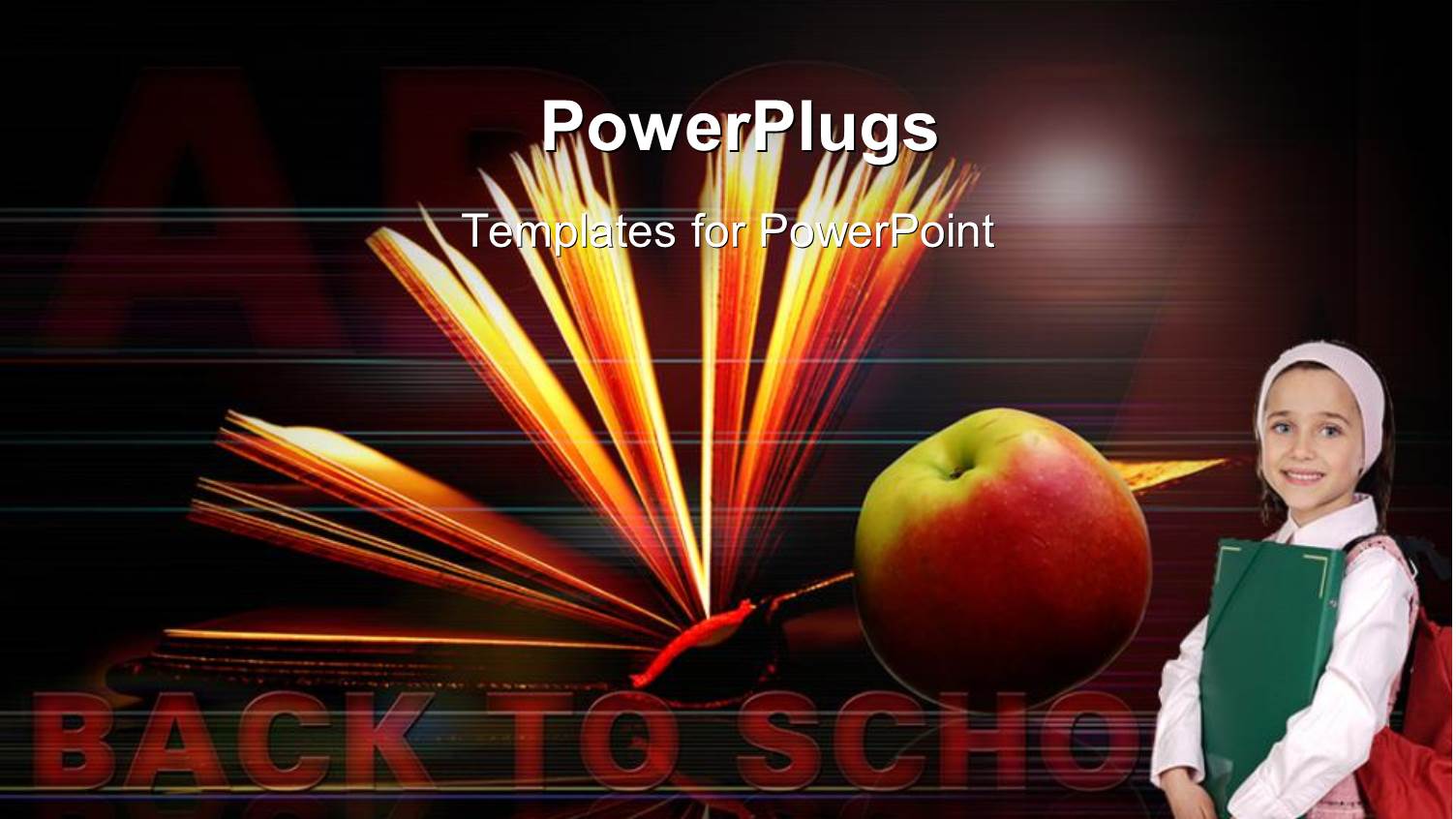 Young Girl with Backpack, Red Apple and Open Book on Black Background