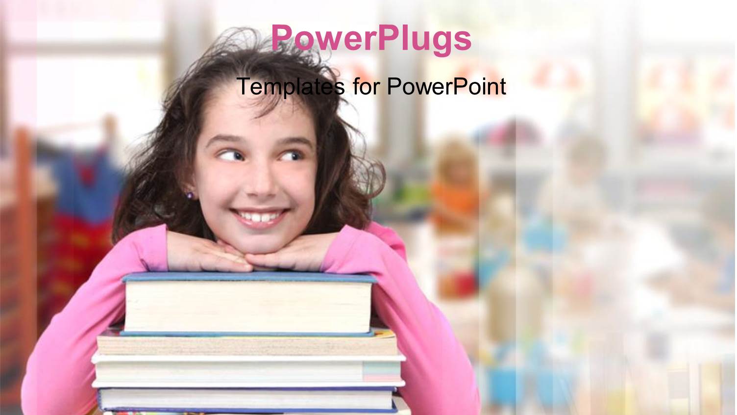 Young Girl Leaning on Book Pile Over Blurred Background