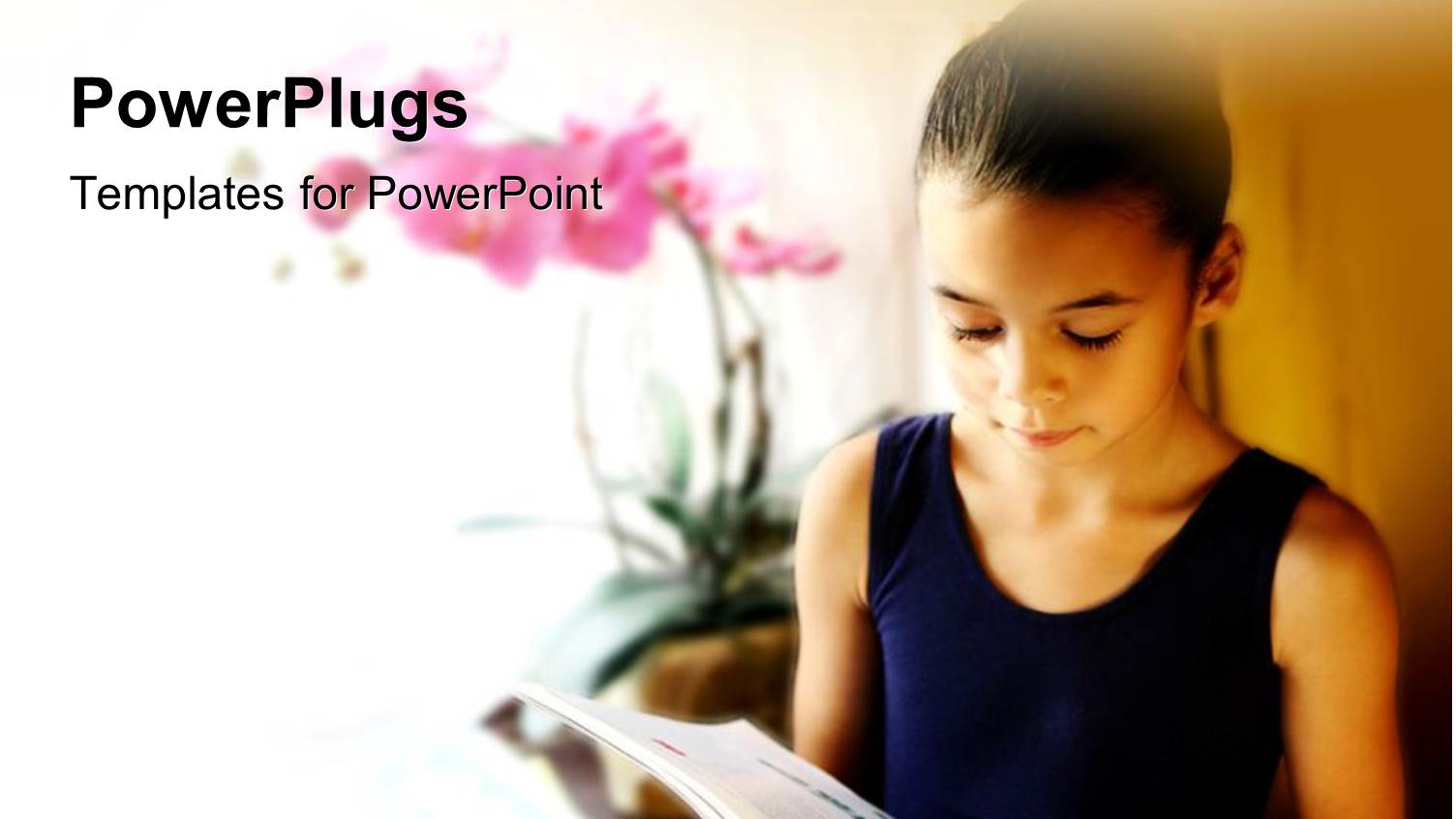 Young Girl Reading from Book Near Window with Flower in Vase
