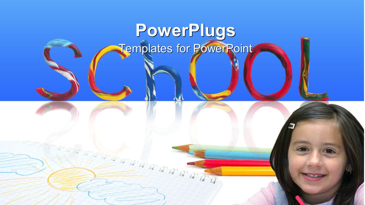 Young Girl Smiling with Color Pencils and School Text