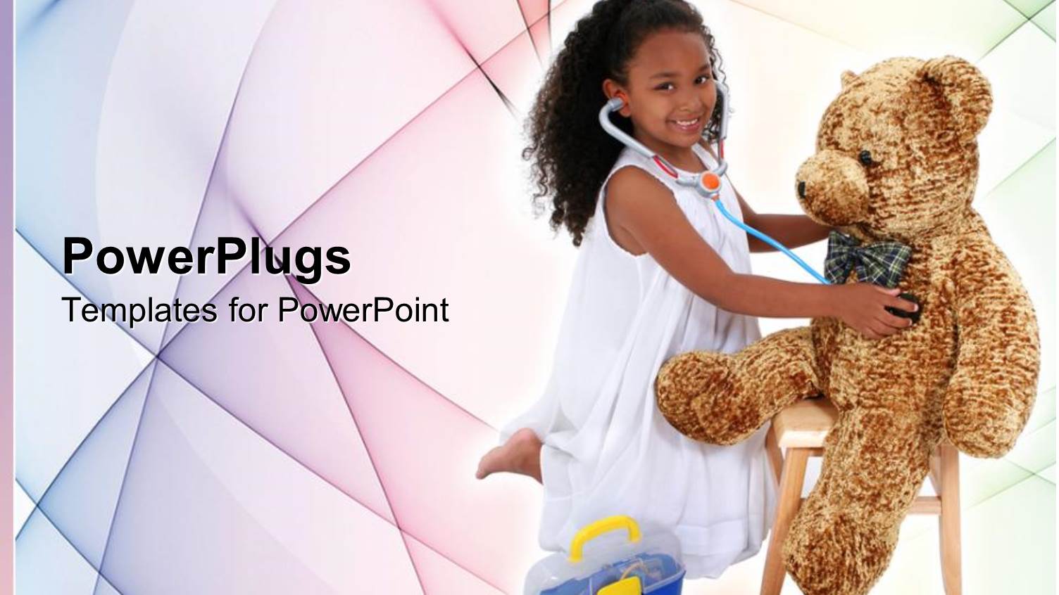 Young Girl with Stethoscope Playing Doctor to big Brown Bear