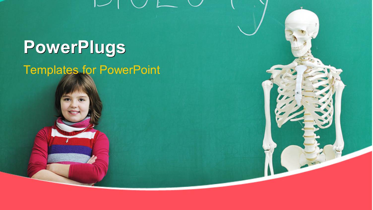 Young Kid Leaning Against Chalkboard in Biology Class with Human Skeleton