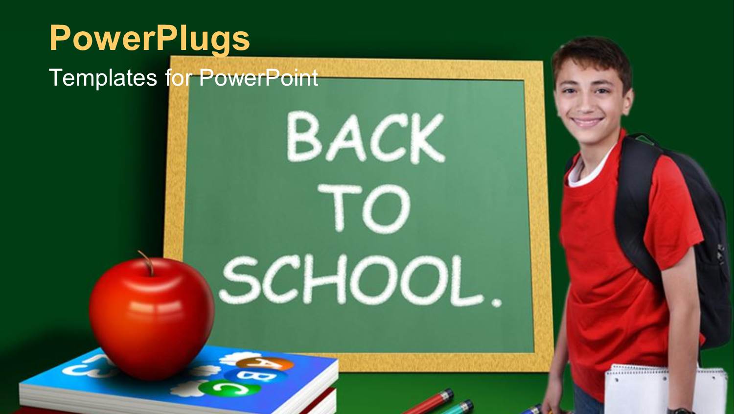 Young Lad with Backpack, Red Apple on Book Pile and Chalkboard