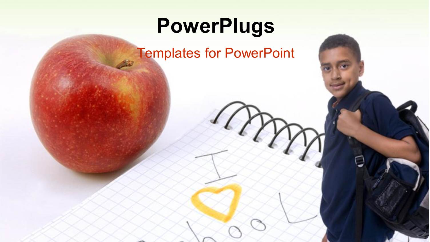 Young Lad Carrying Backpack with Red Apple and Notepad