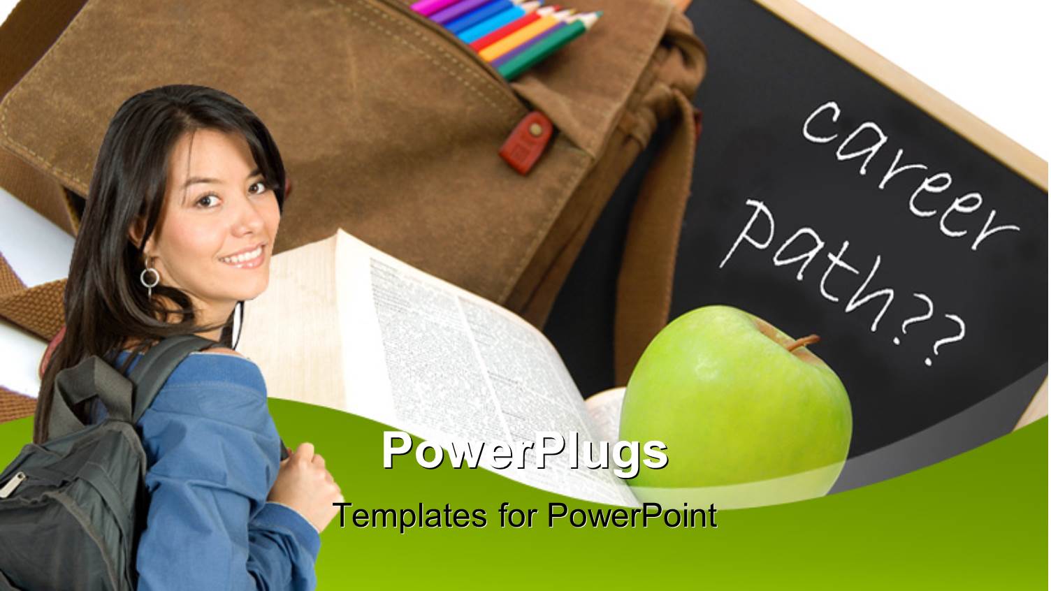 Young Lady Carrying School bag with Blackboard and Green Apple