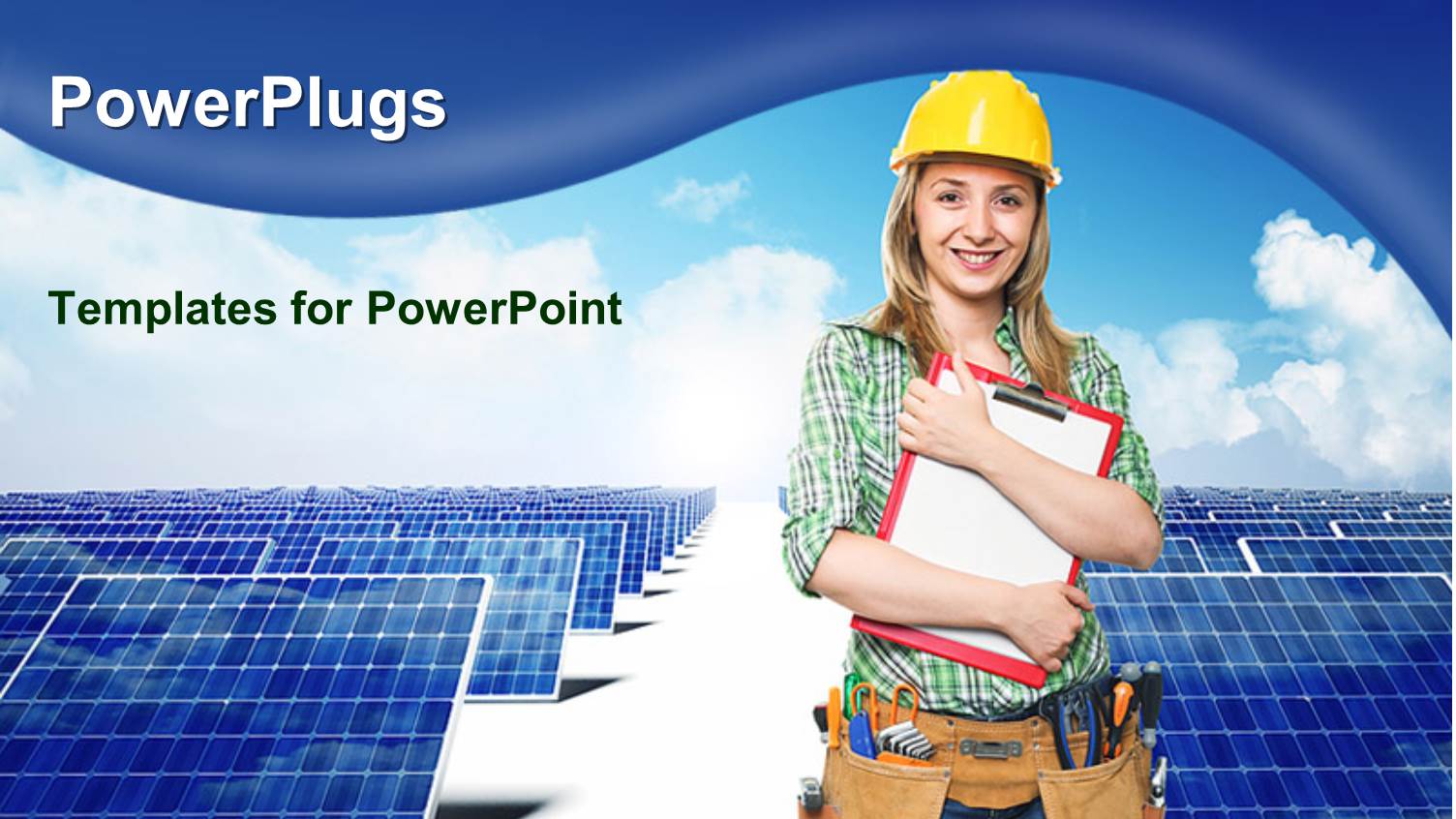 Young Lady Engineer with Tools Around Waist Poses with Solar Panels