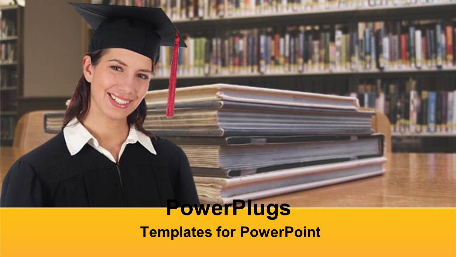 Young Lady in Graduation Gown Smiling in School Library