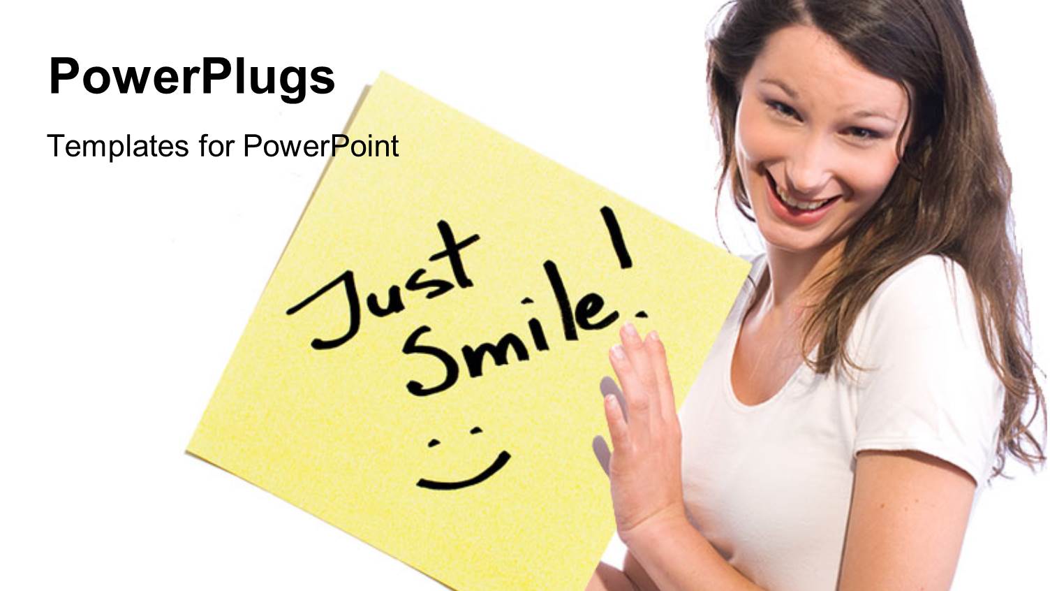Young Lady Holds Up Sticky Note with Text, just Smile!
