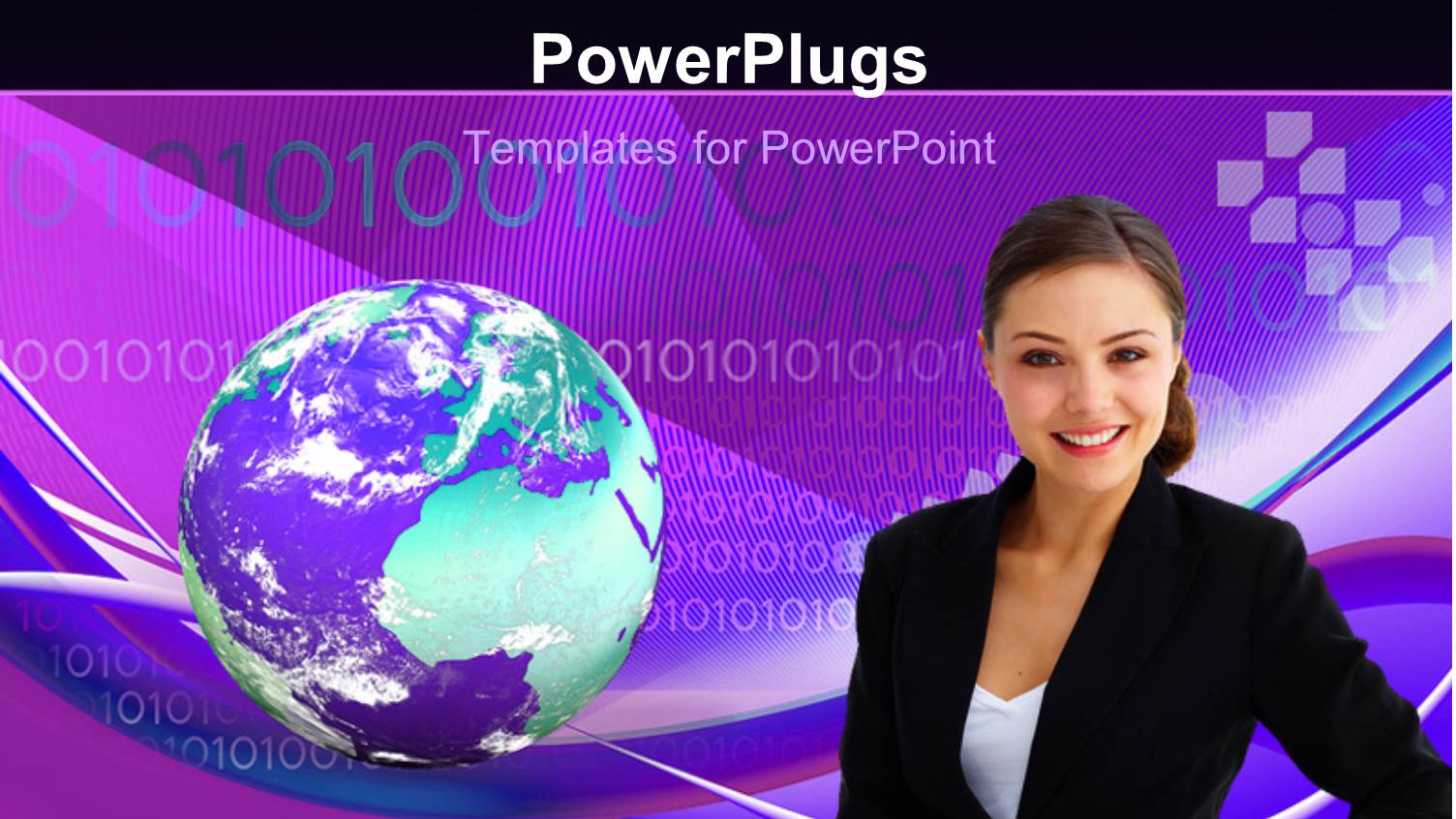 Young Lady Posing with Globe on Binary Numbers in Purple Background 