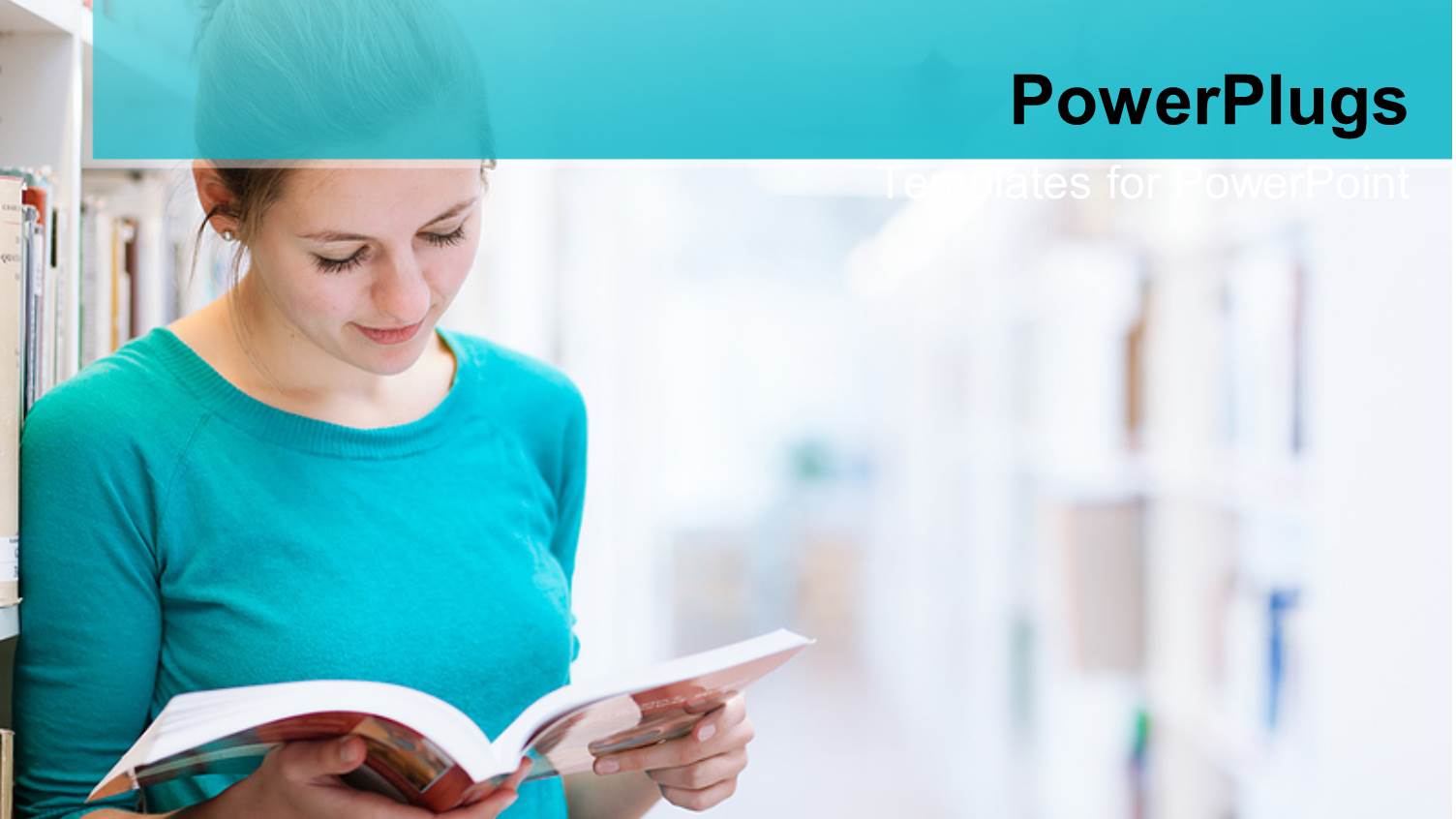 Young Lady Reading a Book in Library with Bookshelves in Background