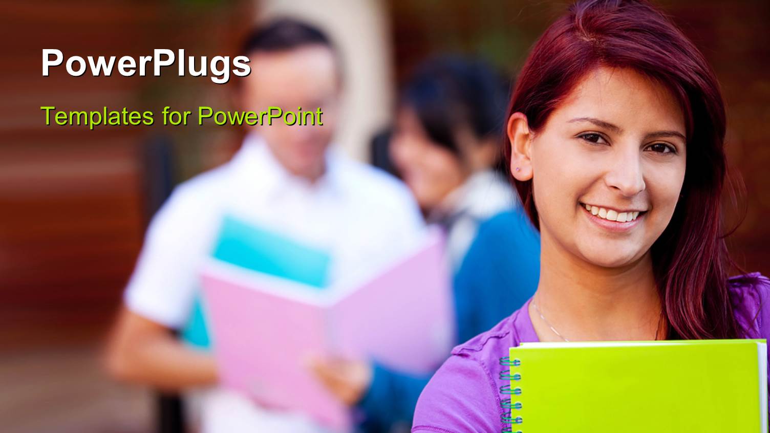 Young Lady Smiling Carrying Notebook with Students Discussing in Background