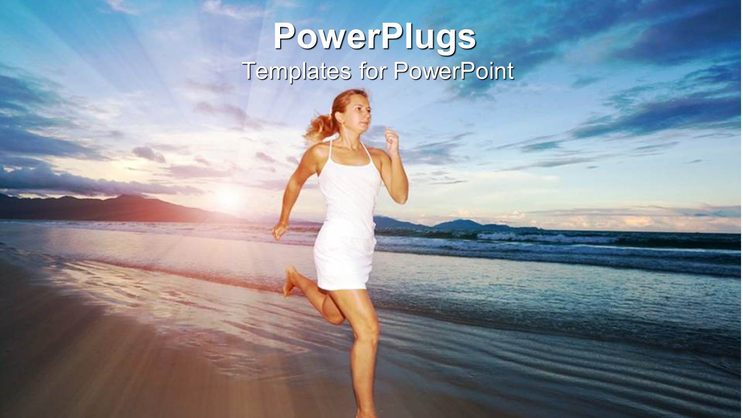 Young Lady in White Running Barefoot on Beach Sand with Sun Setting