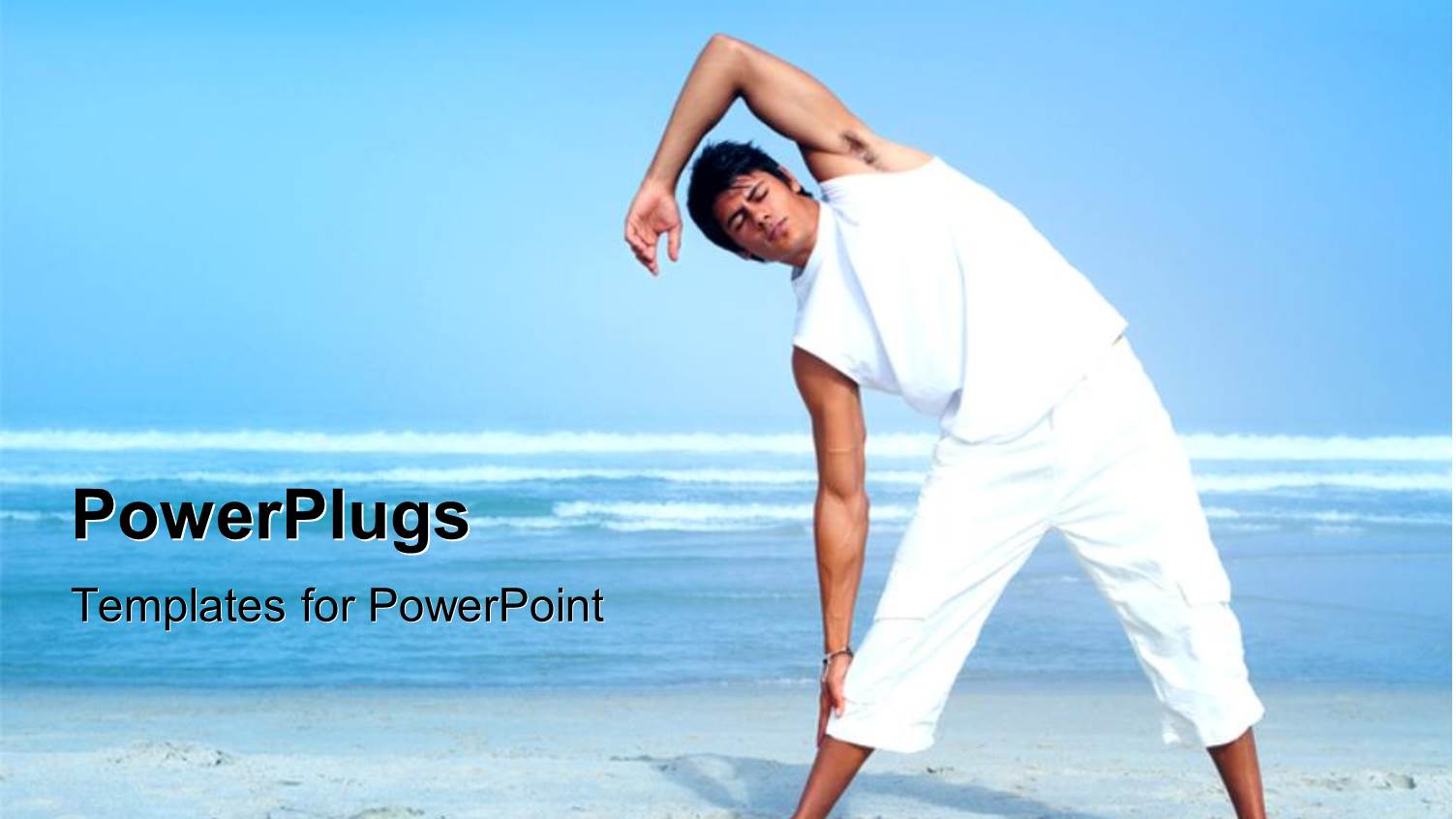 Young Man Exercisng in Beach Sand with Clear Blue Sky Over Sea