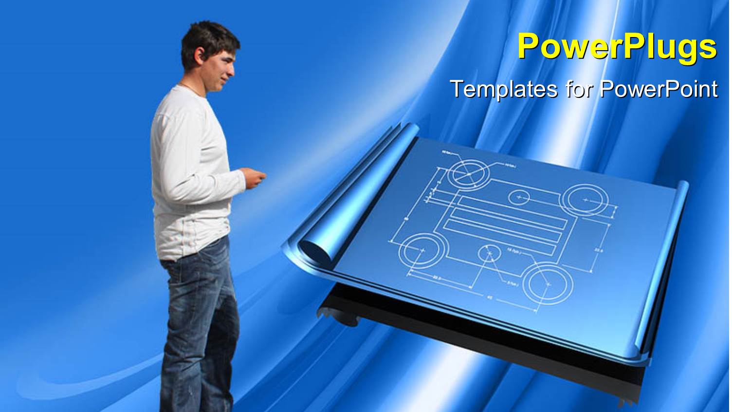 Young Man Inspecting Half Rolled Blueprint on Blue Background