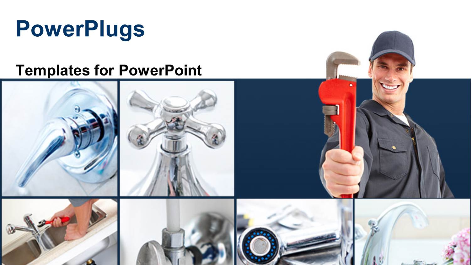 Young Plumber with the Tool and Collage of Bathroom Fittings with White Color