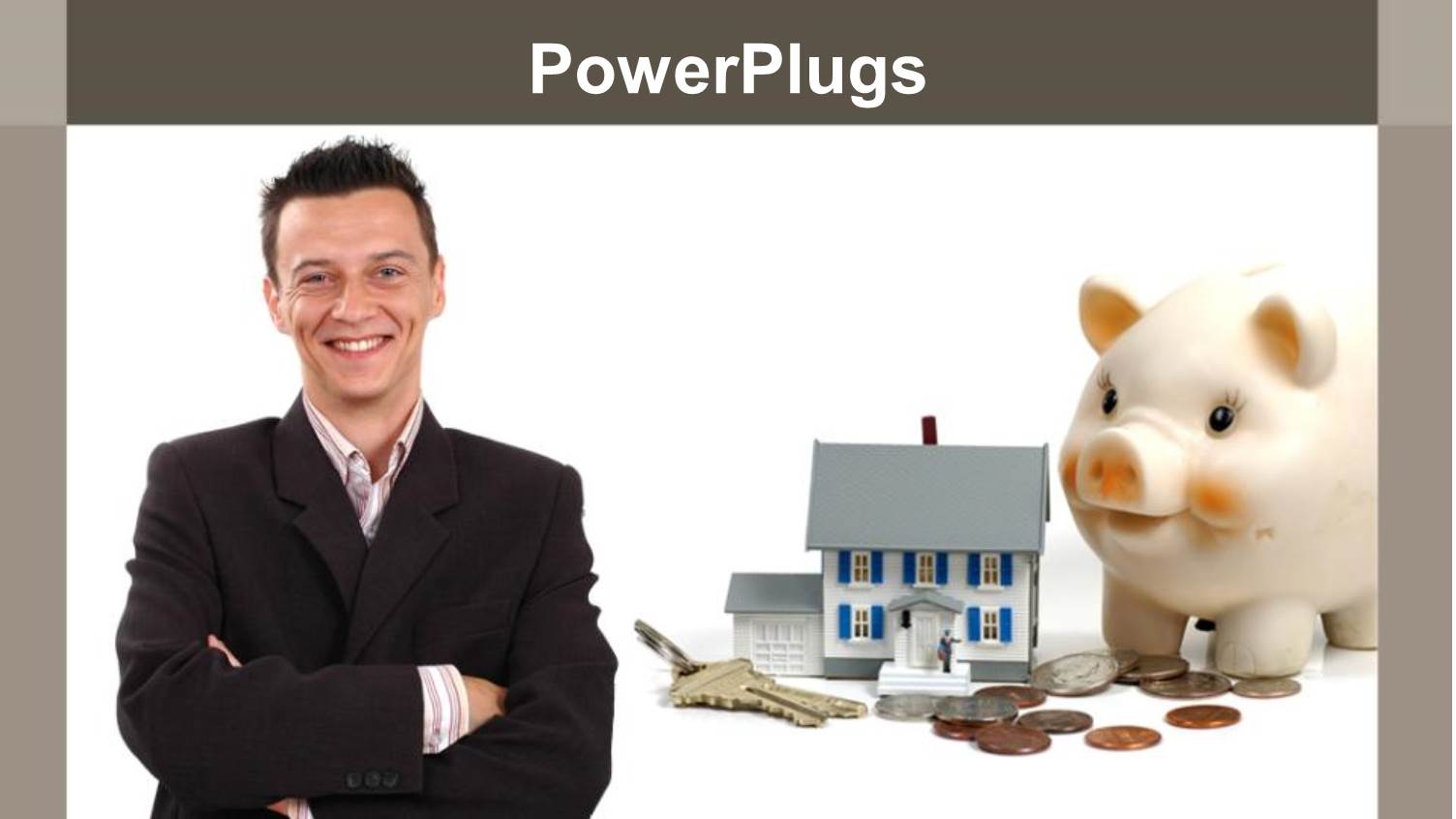 Young Smiling Man with Crossed Arms Near a Depiction of House, Keys, Coins and Piggy Bank