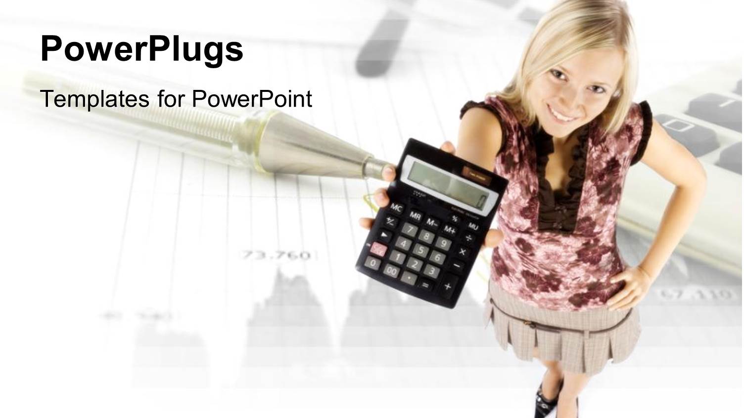 Young Woman Holding Up a Calculator with Pen and Chart in Background