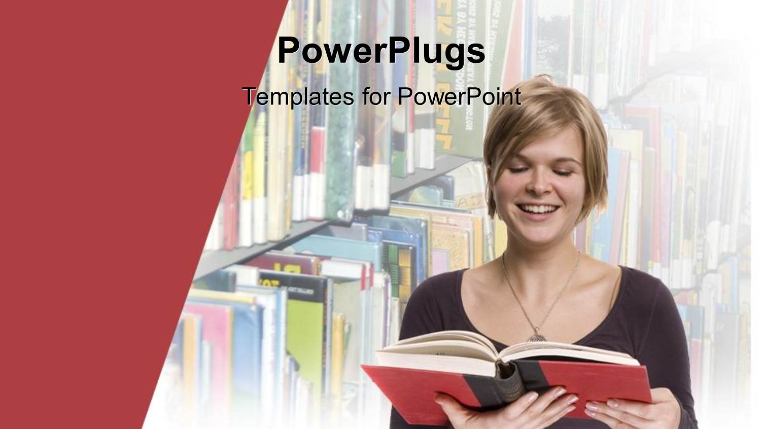 Young Woman Smiling while she Reads from Book with Library Shelf