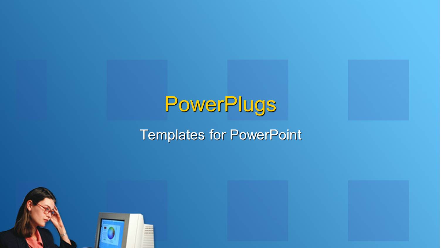 Young Woman Working on Desktop Computer with Blue Background